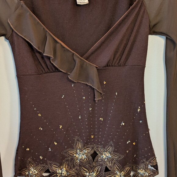 Vintage y2k flare sleeve faux wrap brown top - gold sequin/bead details! - Picture 2 of 5